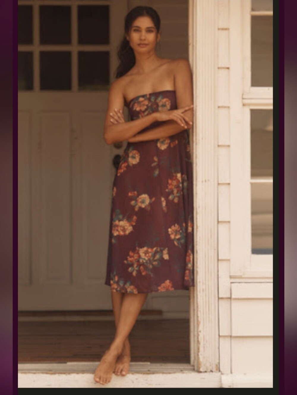 Anthropologie Strapless Mulberry Wine Floral Midi Dress Autumn Sheer Lyrebird